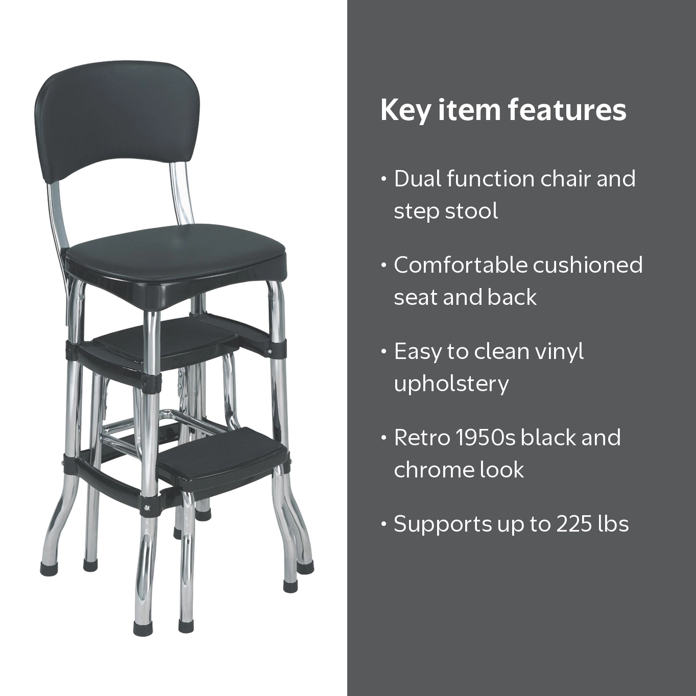 COSCO, Retro Chair + Step Stool, Pull-Out Steps, Black Chrome