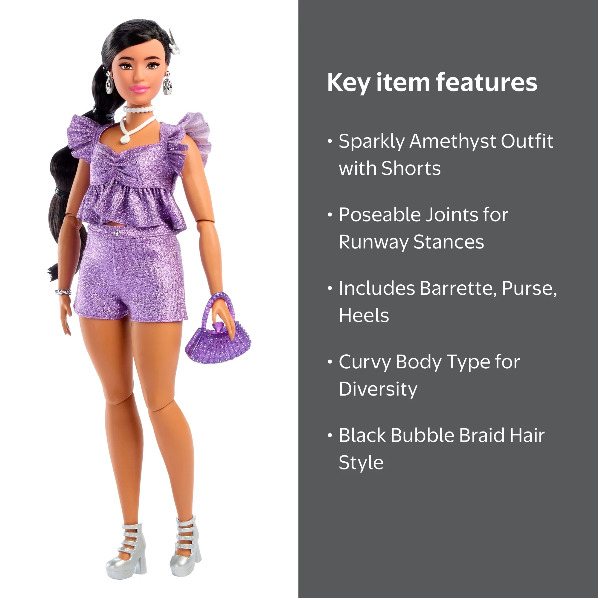 Barbie, Fashion Doll, Metallic Purple Top Sparkly Shorts