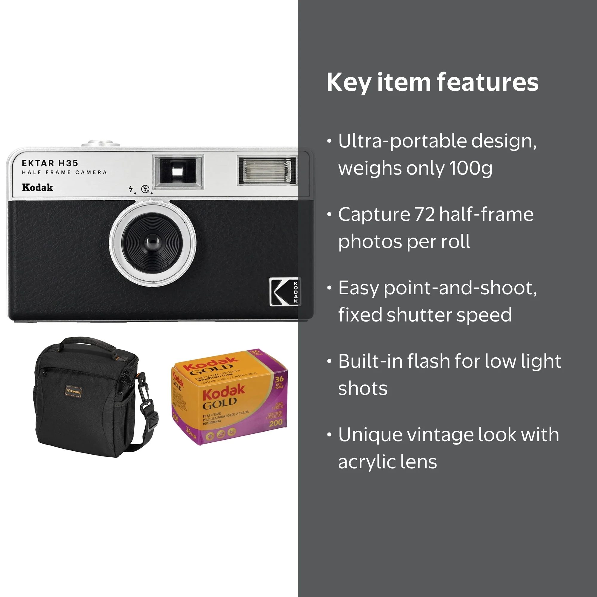 Kodak, Half Frame Film Camera, H35, Black bundle with film and bag