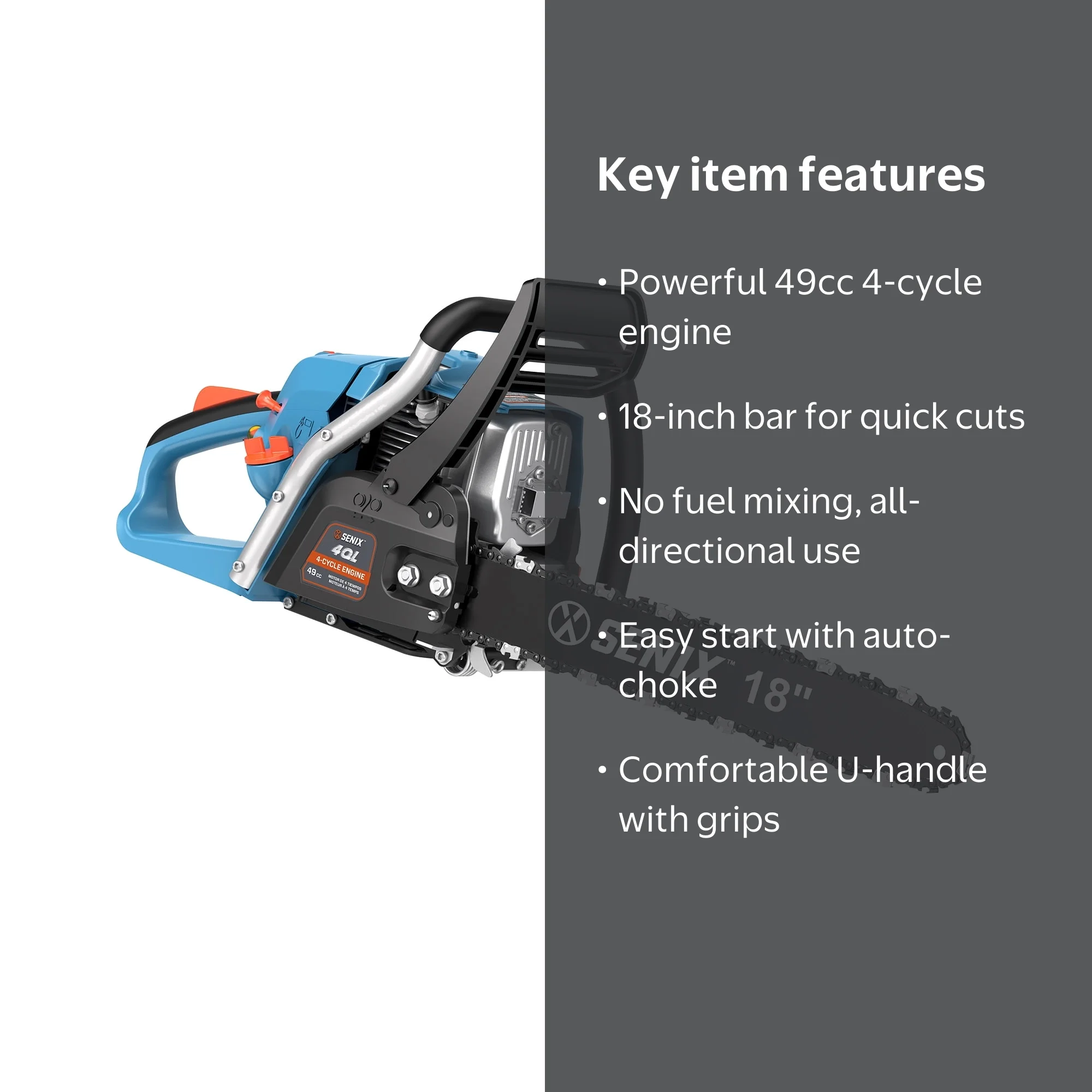 SENIX 49cc 4-Cycle 18-Inch Gas Chainsaw with Oregon Bar & Chain