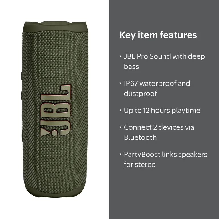 JBL, Flip 6 Bluetooth Waterproof Speaker, Green, 12 Hours Playtime