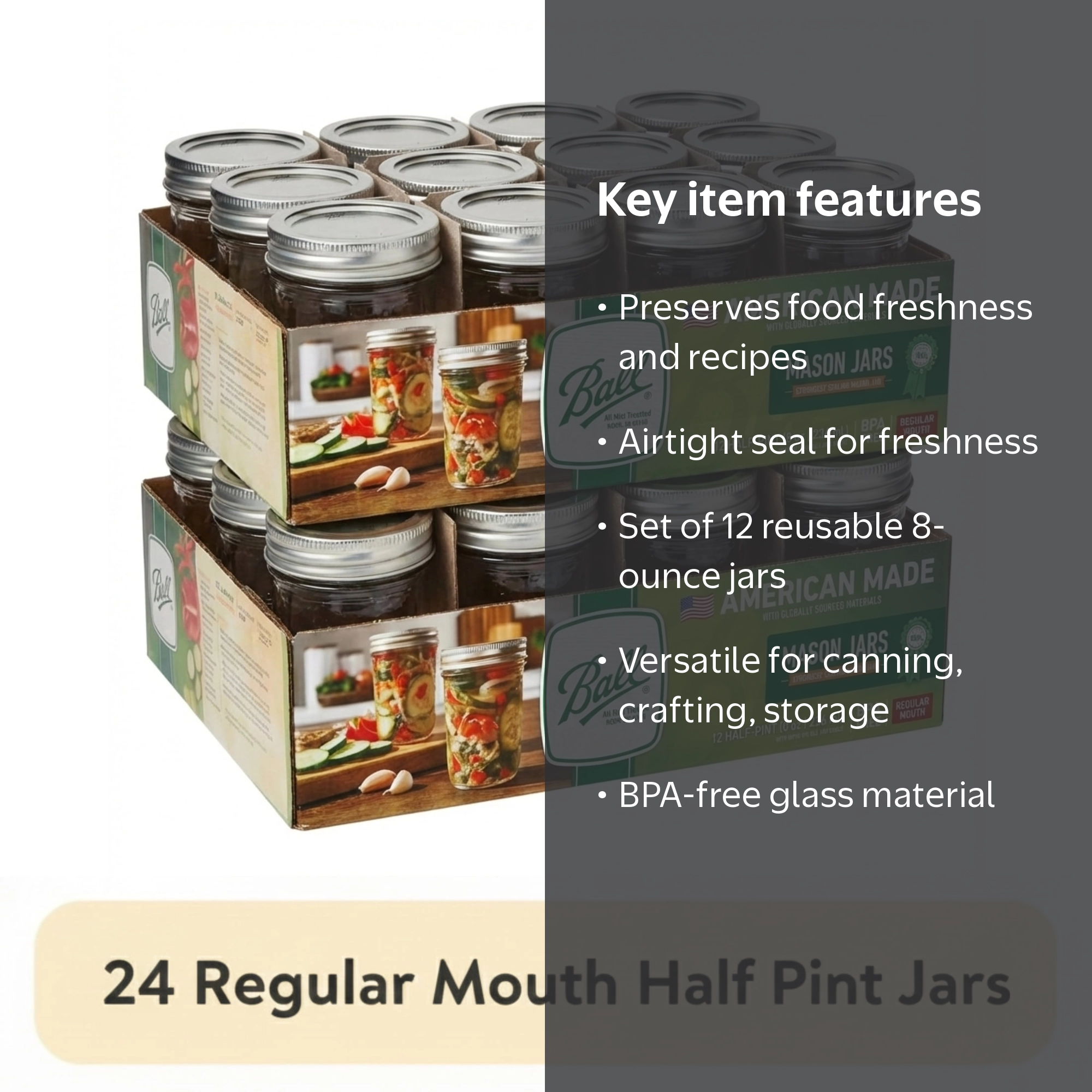 2 pack) Ball Glass Mason Jar w/ Lid & Band, Regular Mouth, 8