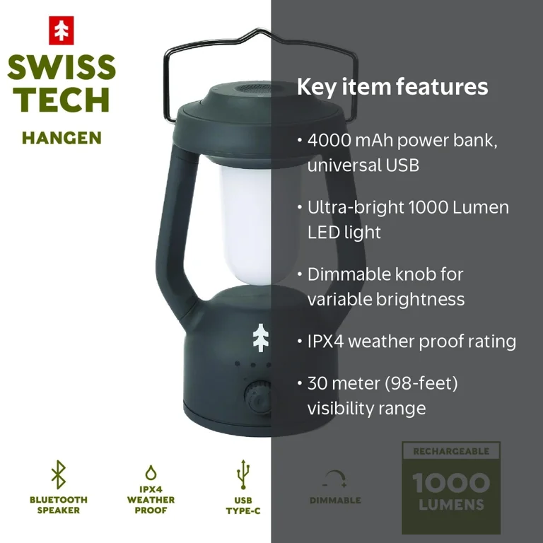Swiss Tech LED Lantern with Bluetooth, IPX4, Dimmable, 1000 Lumen