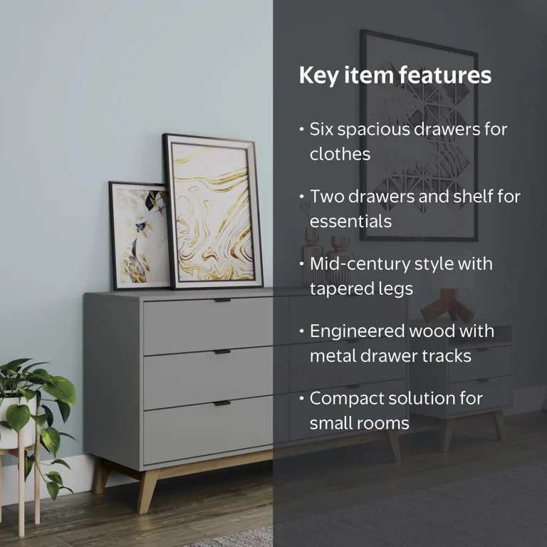 Kappesberg Hanford 2-Piece Bedroom Set – Gray Mid-Century 6-Drawer