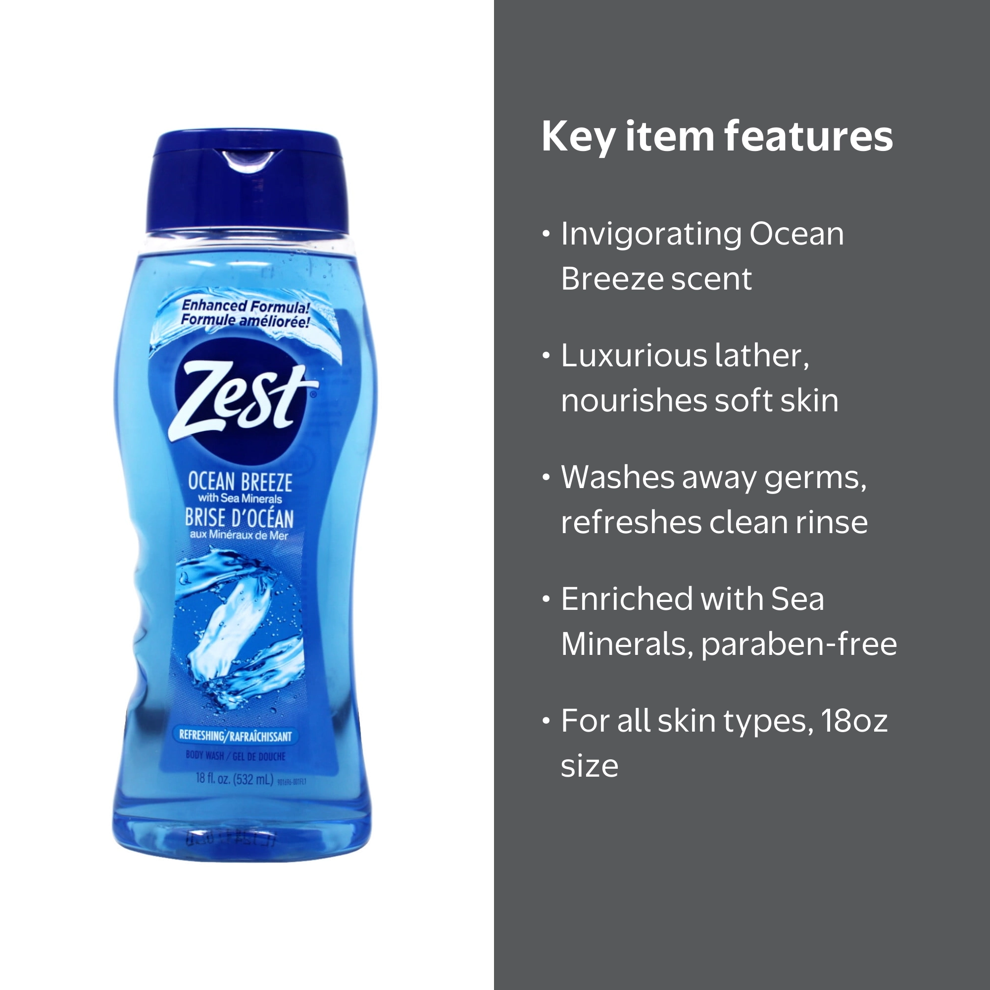 Zest Zestfully Clean Body Wash, Ocean Breeze with Sea Minerals, 18