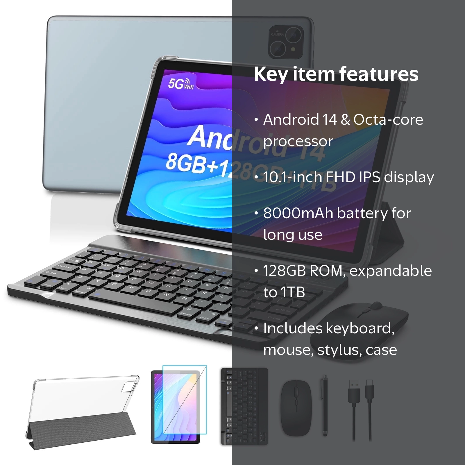 Android 13 Tablet, 10 inch, Quad-Core CPU, 8GB RAM, 128GB ROM, HD