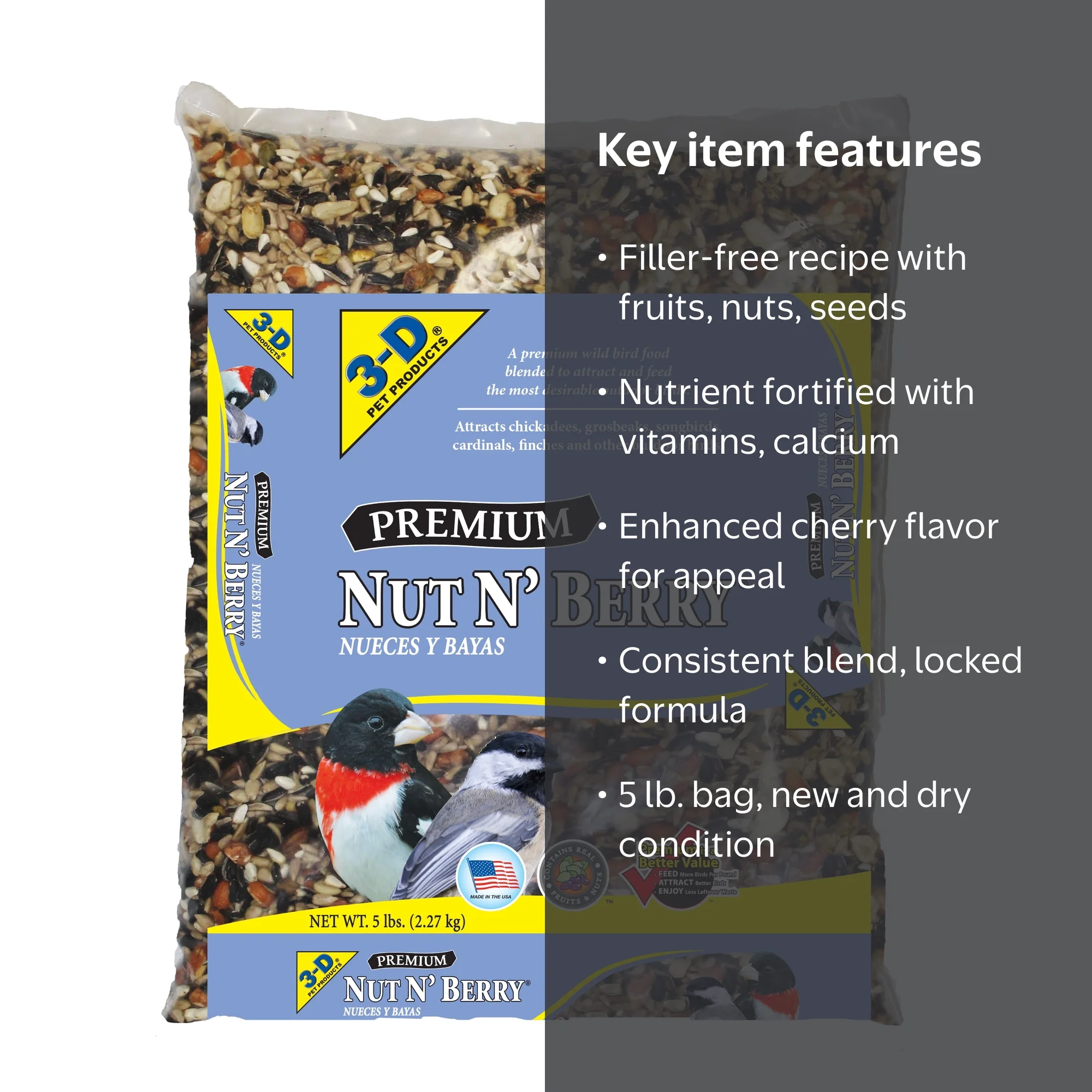 3-D Pet Products Premium Nut N' Berry Blend Dry Wild Bird Food, 5
