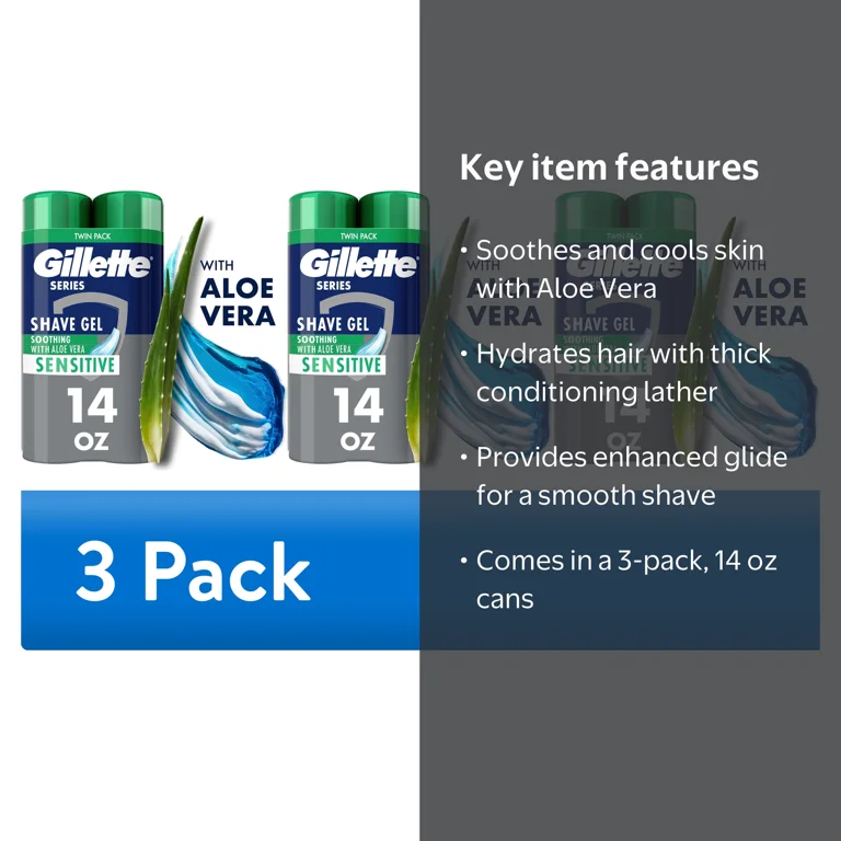 Gillette, Series Soothing Shave Gel for Men with Aloe Vera, 3pk