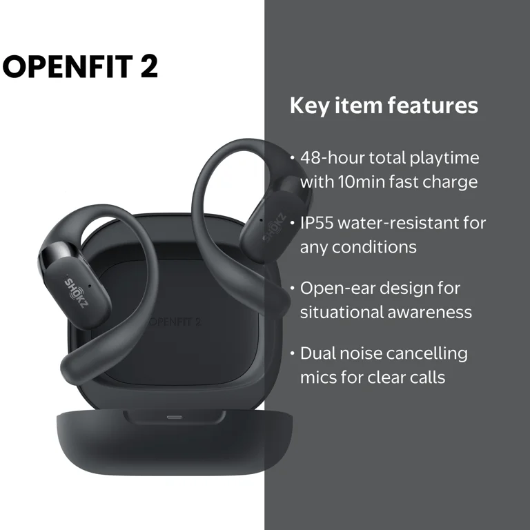 Shokz, OpenFit 2 Open-Ear Headphones, 48H Playtime, Black