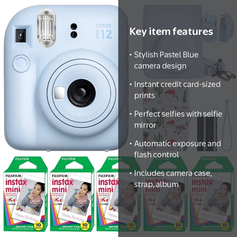 Fujifilm, Instax Mini 12 Instant Camera, Pastel Blue, 50 Sheets