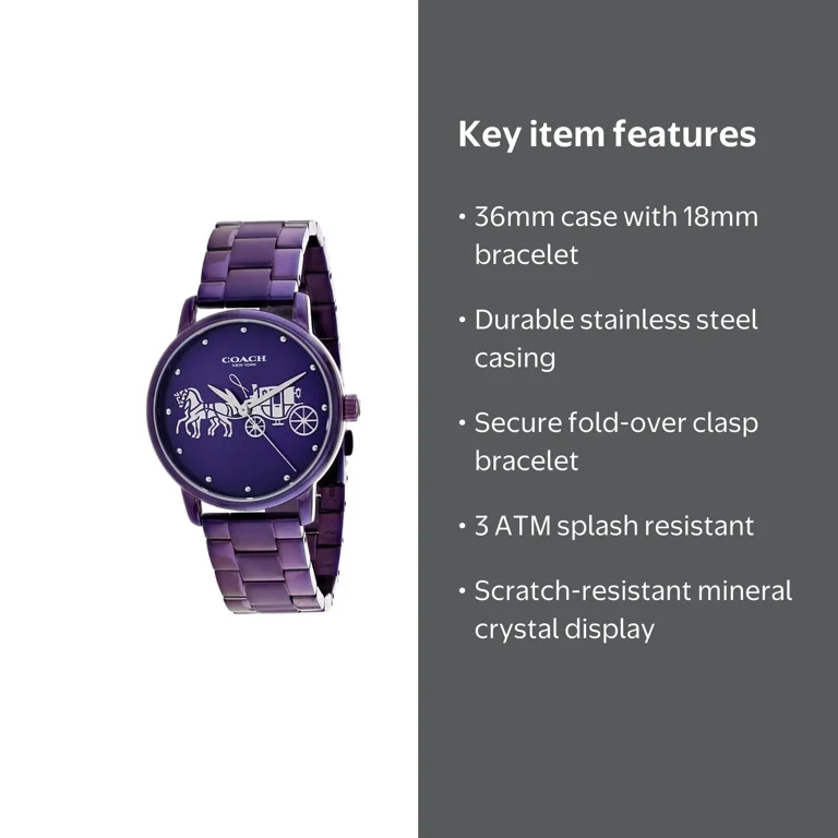 Coach, Women's Grand Watch, Purple dial, Stainless steel bracelet