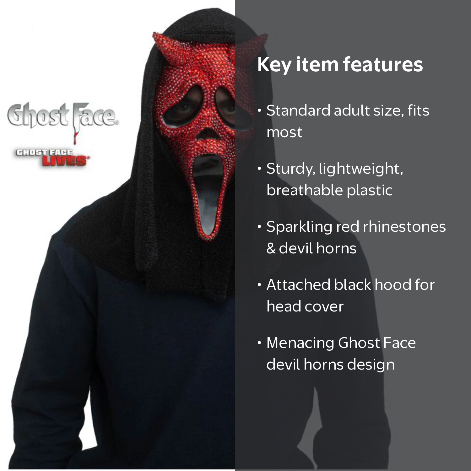 Fun World Ghost Face Rhinestone Devil Mask, Sparkling Red & Horns