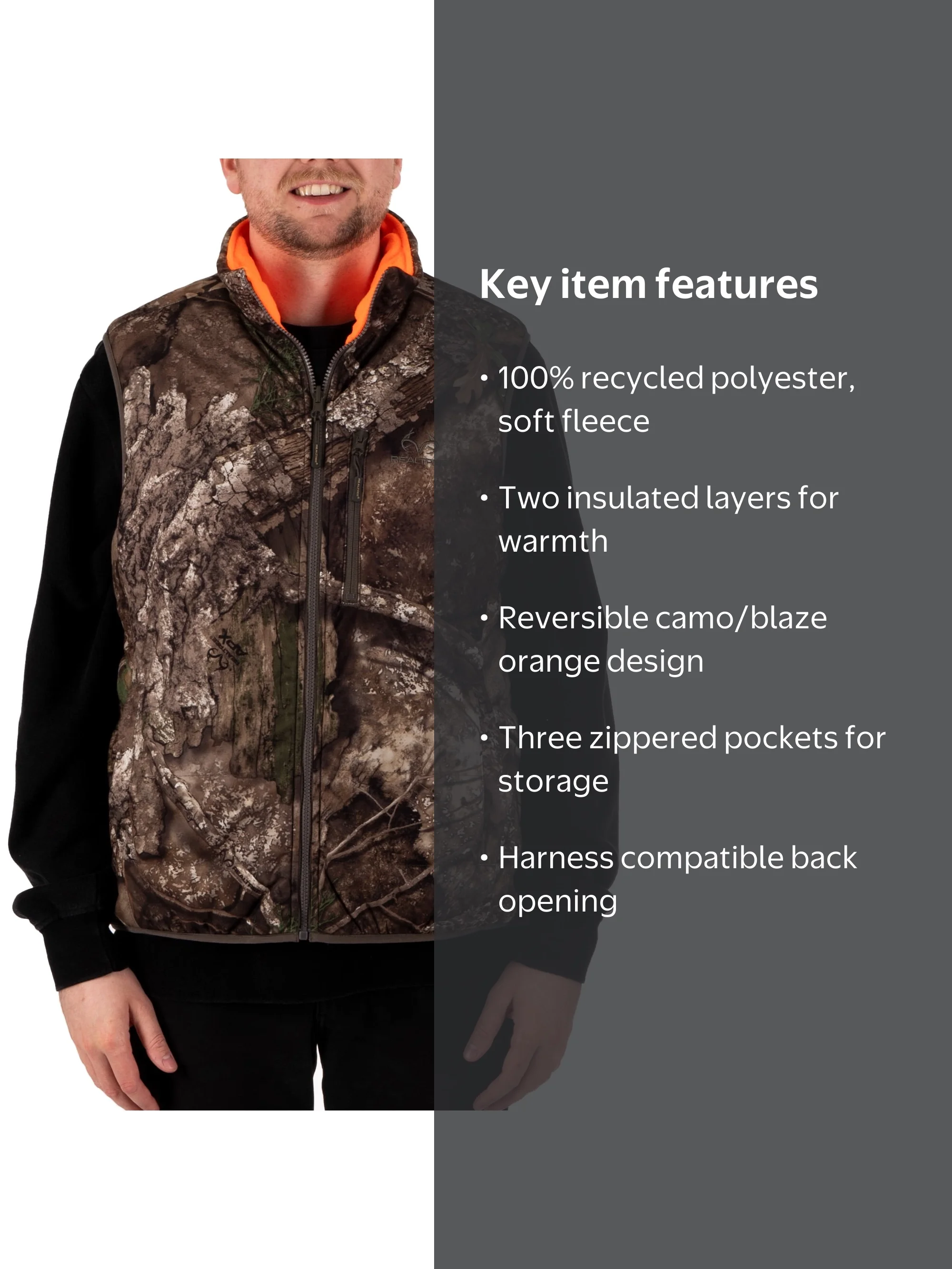Realtree Reversible Camo & Blaze Hunting Vest - Polyester
