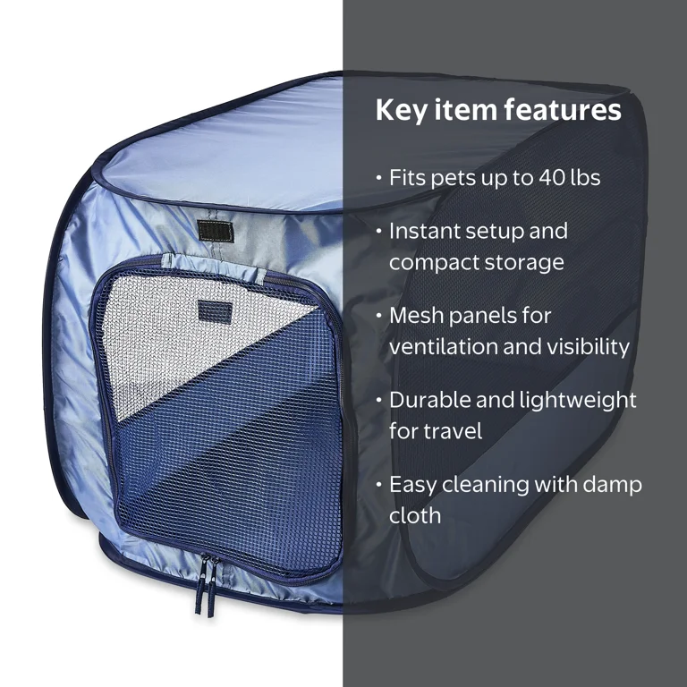 Vibrant Life Soft-Sided Pop Open Dog Kennel, Blue, Medium, Travel
