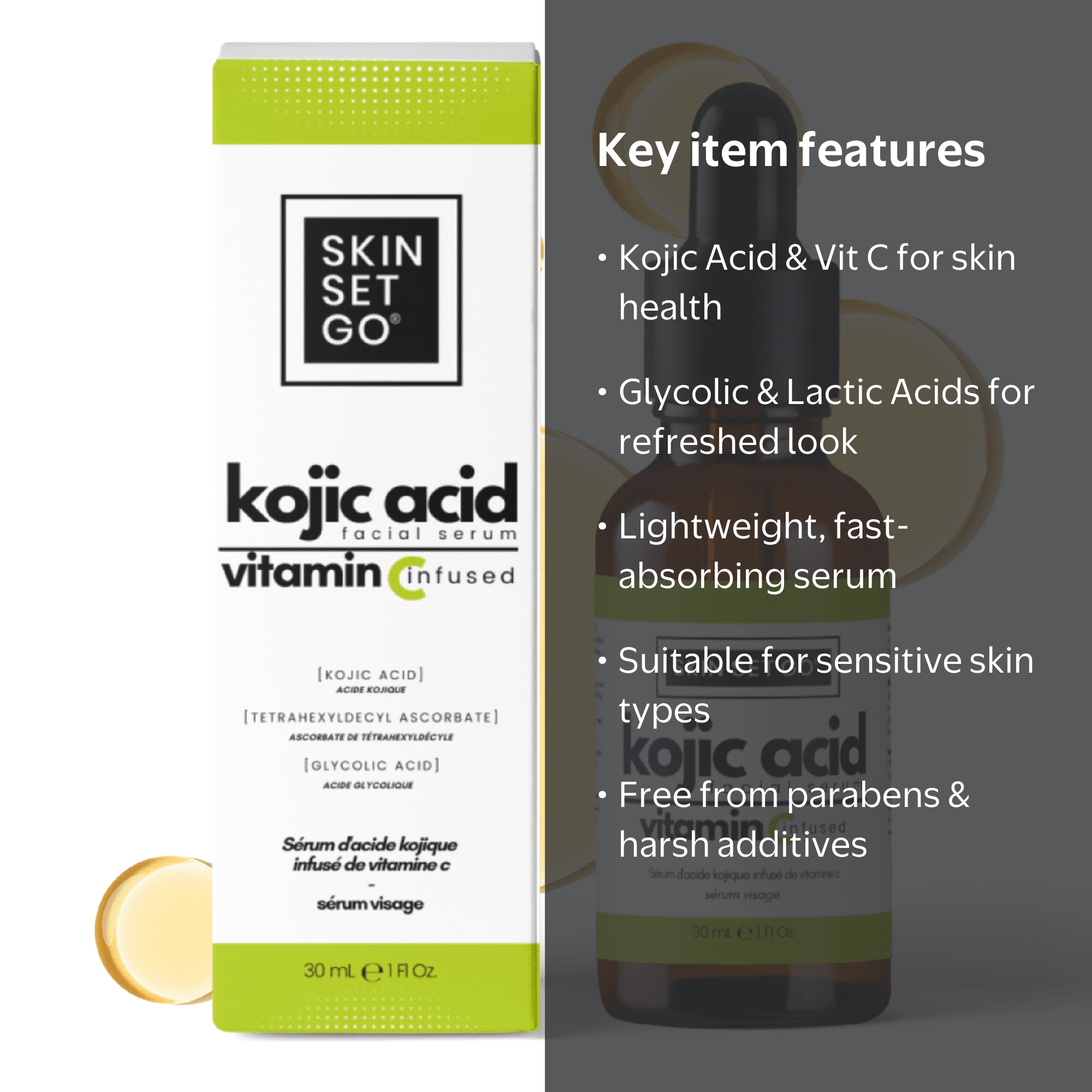 arbutin kojic acid phytic acid glutathione glucosamine onion Skin Set Go, Serum, 1oz, Vitamin C, AHA BHA Blend Do you know where