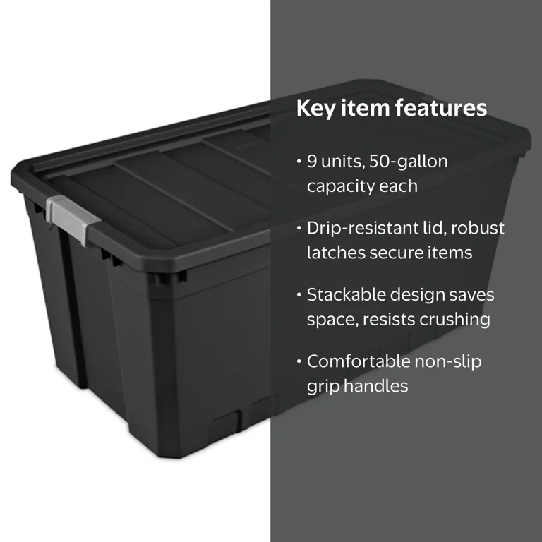 Sterilite 50 Gal Rugged Industrial Stackable Tote with Lid, 9 Pack