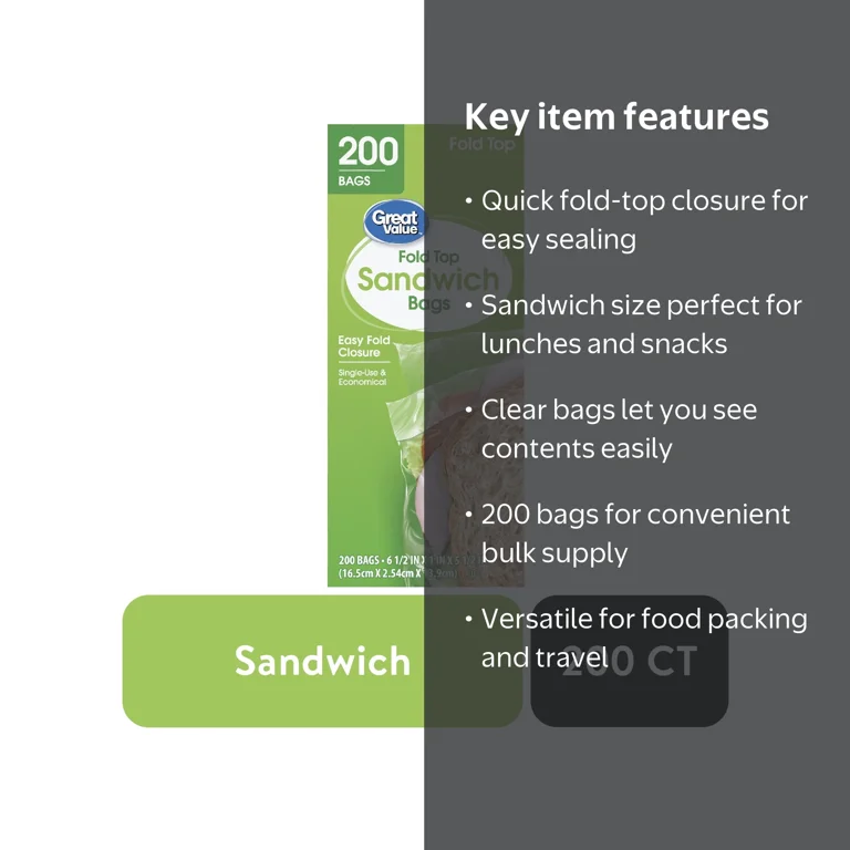 Great Value Fold Top Sandwich Bags, 200 Count, Plastic, Single Use