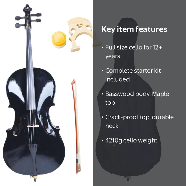 Ktaxon 4/4 Full Size Cello with Case for Beginners, Black