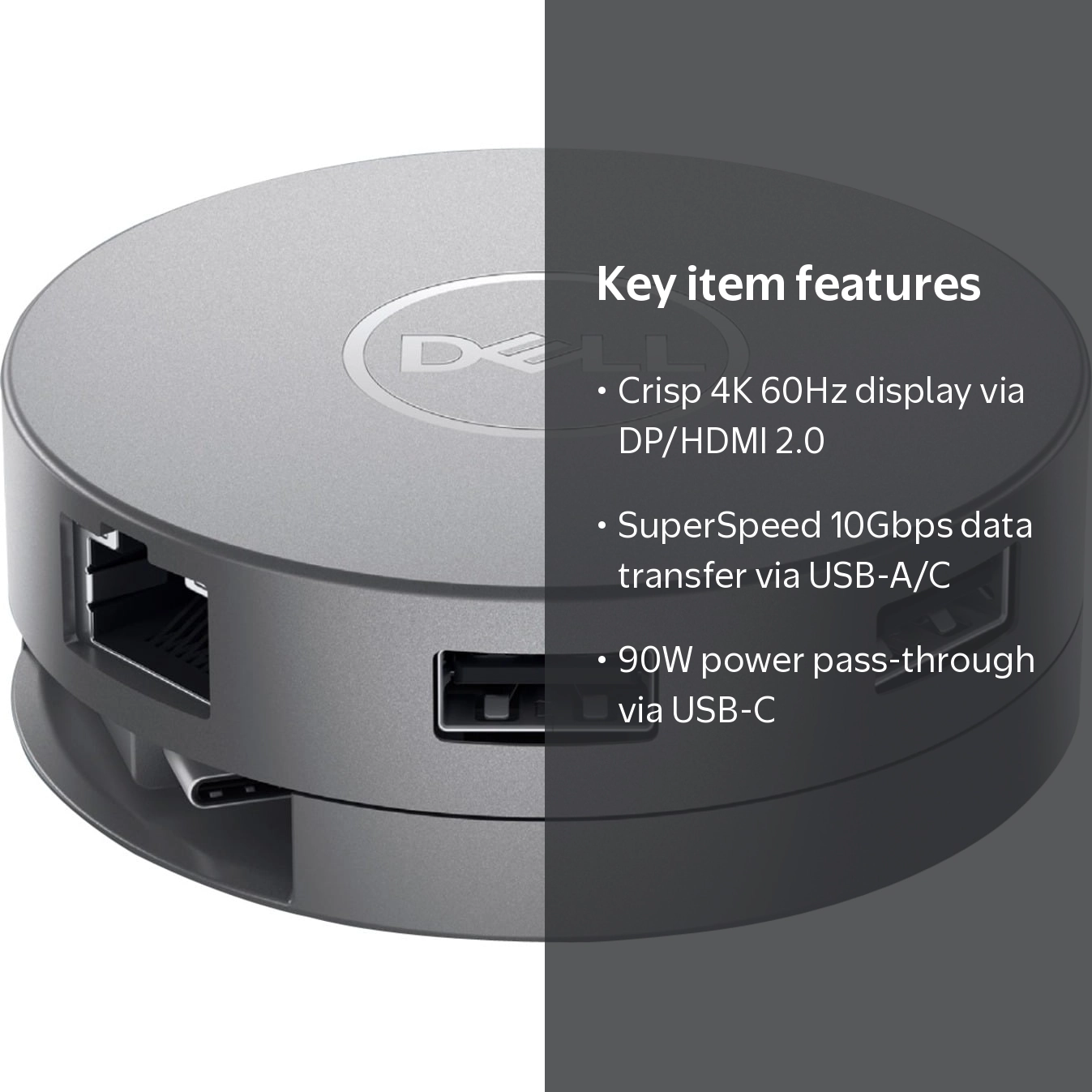 Dell, USB-C Multiport Adapter, 7-in-1, 4K, 90W Pass-Through