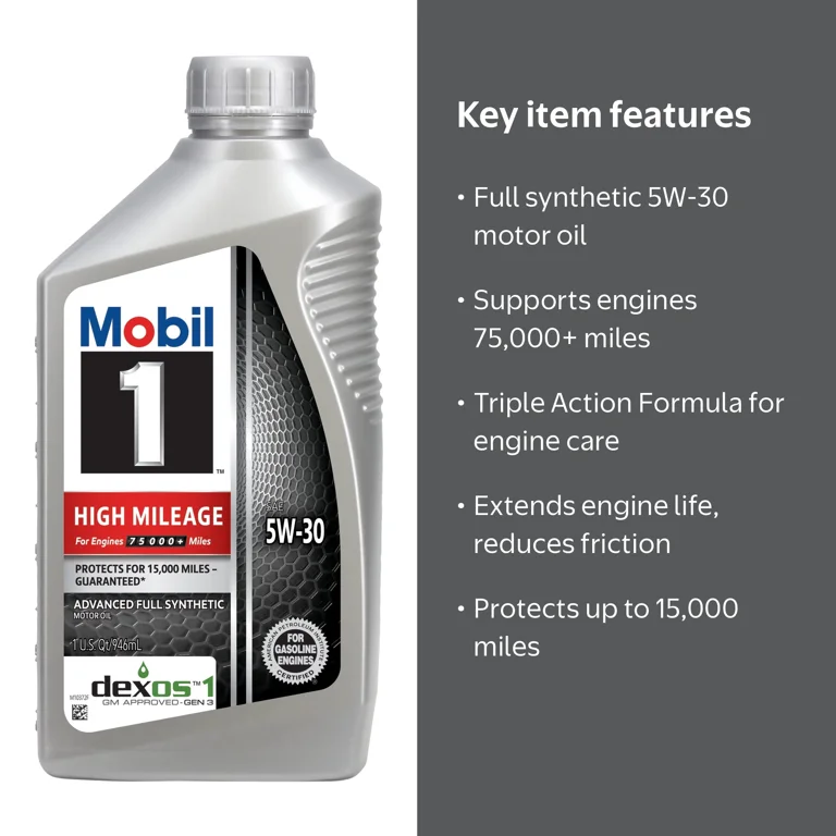 Mobil 1 High Mileage Full Synthetic Motor Oil 5W-30, 1 Quart