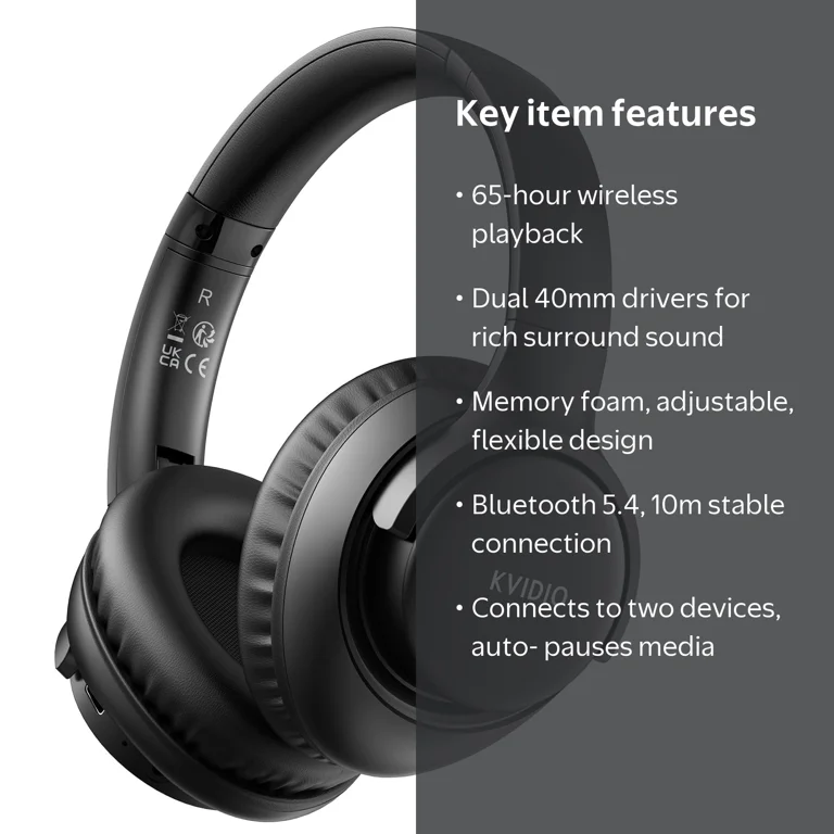 KVIDIO, Bluetooth Headphones, Wireless with Microphone, 65H Run