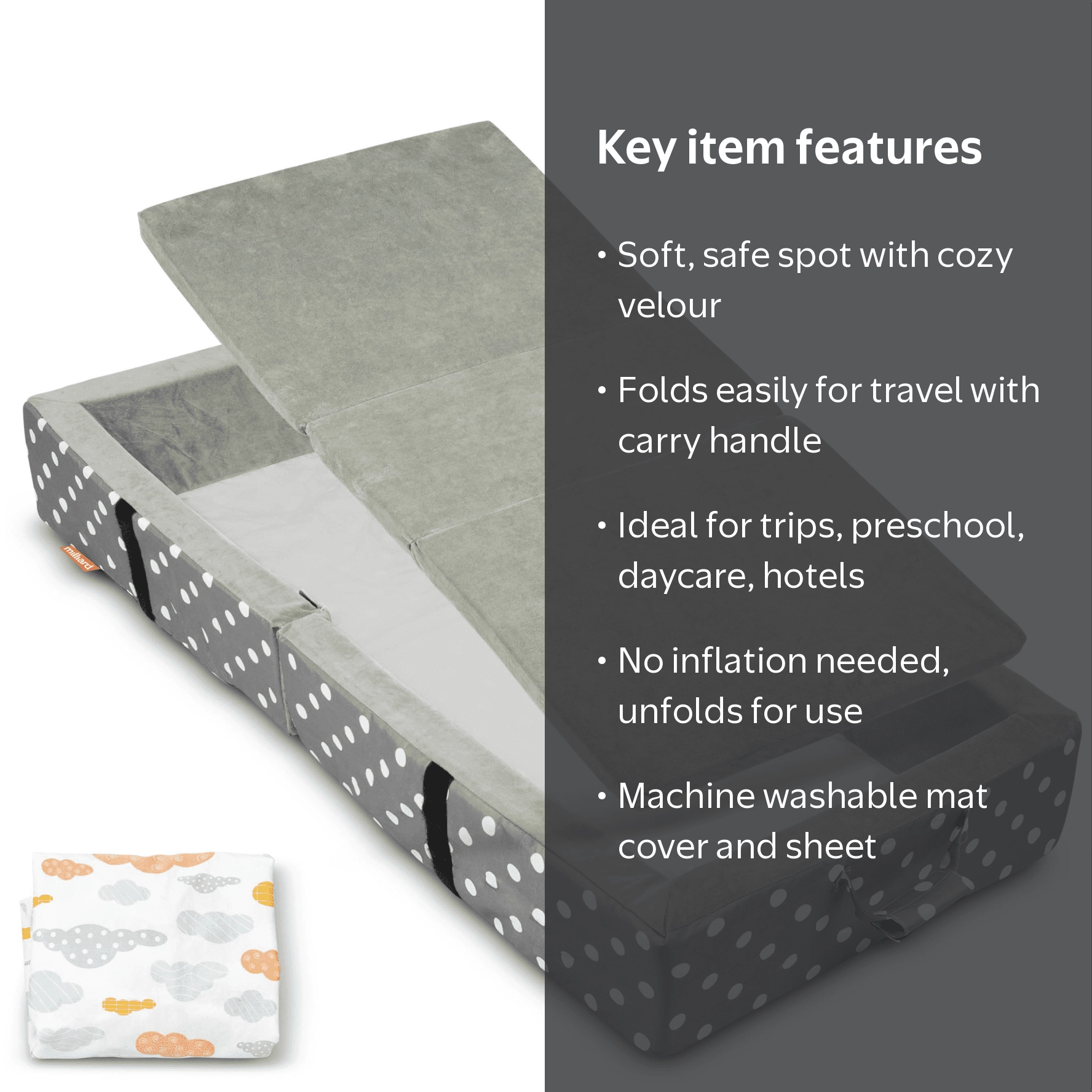 Milliard, Portable Toddler Travel Bed, Gray, Fitted Sheet Included