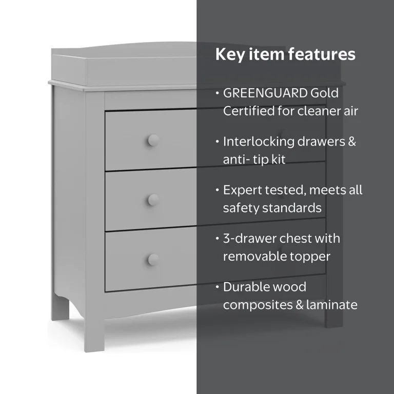 Graco Noah 3 Drawer Infant Diaper Changing Table Dresser, Pebble