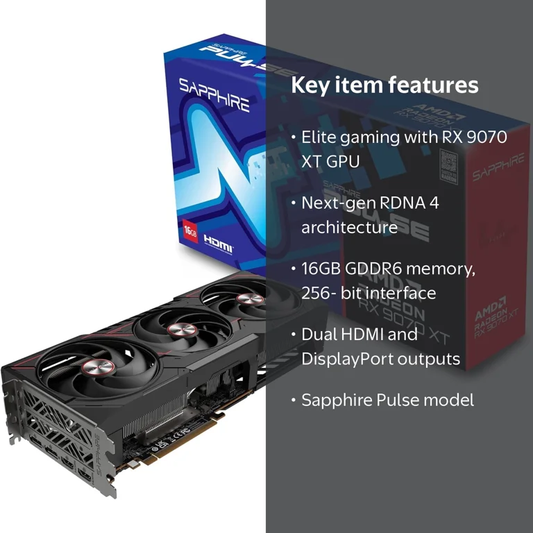 Sapphire, Pulse AMD Radeon RX 9070 XT Gaming Graphics Card, 16GB