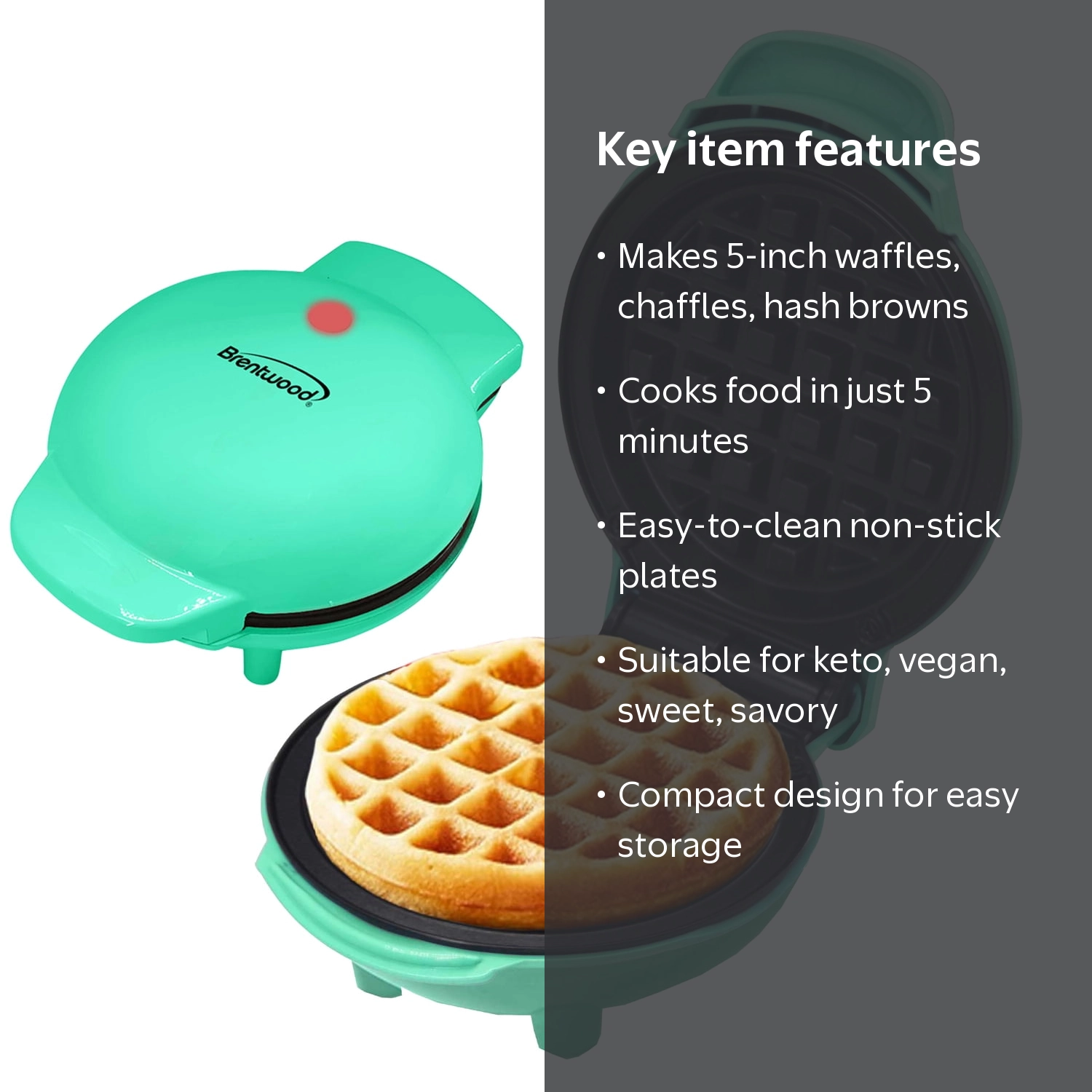 Brentwood 400W Non-Stick 5-In Mini Waffle Maker Blue for Keto