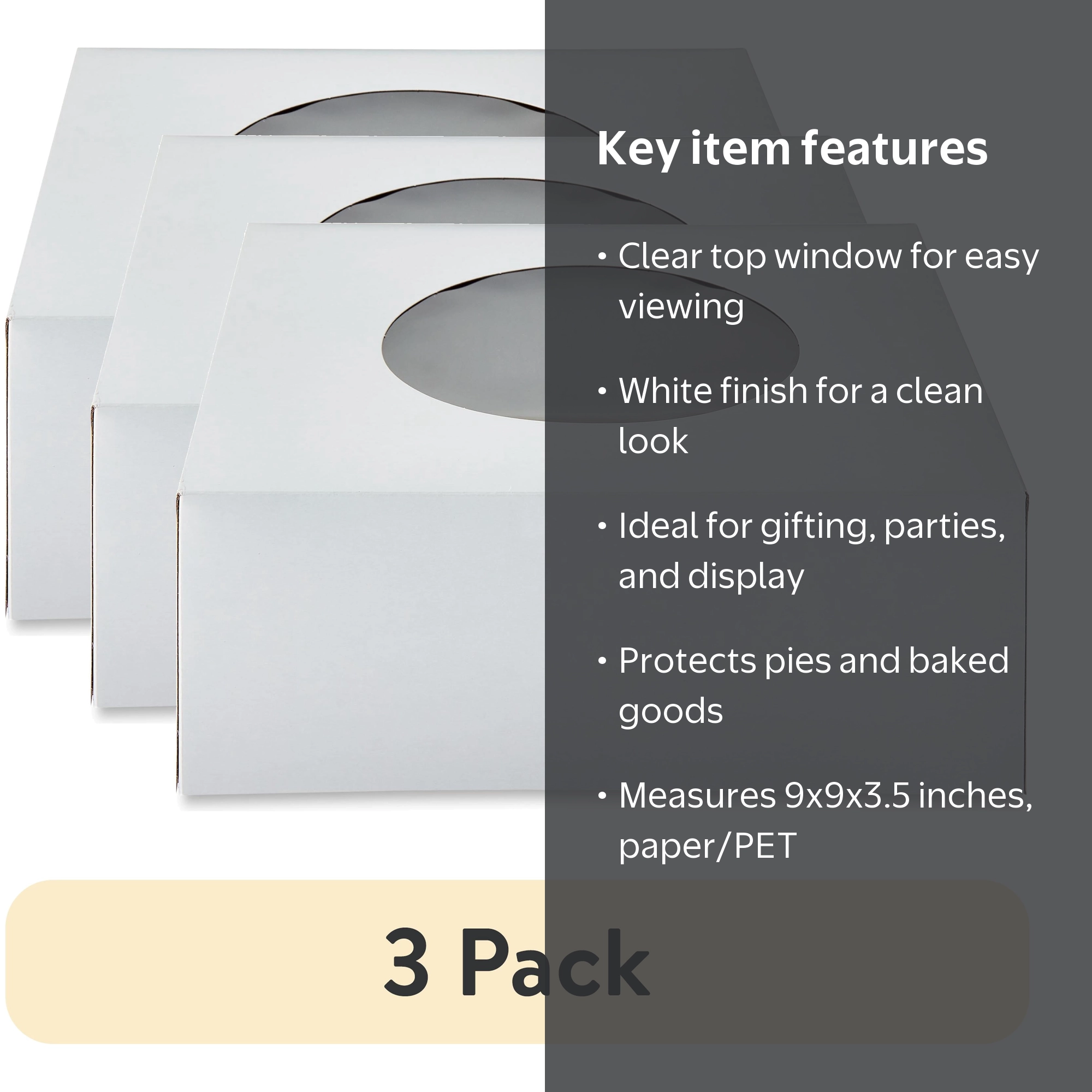 3 pack) Way To Celebrate Pie Box with Window, White, 9 in x 9 in x