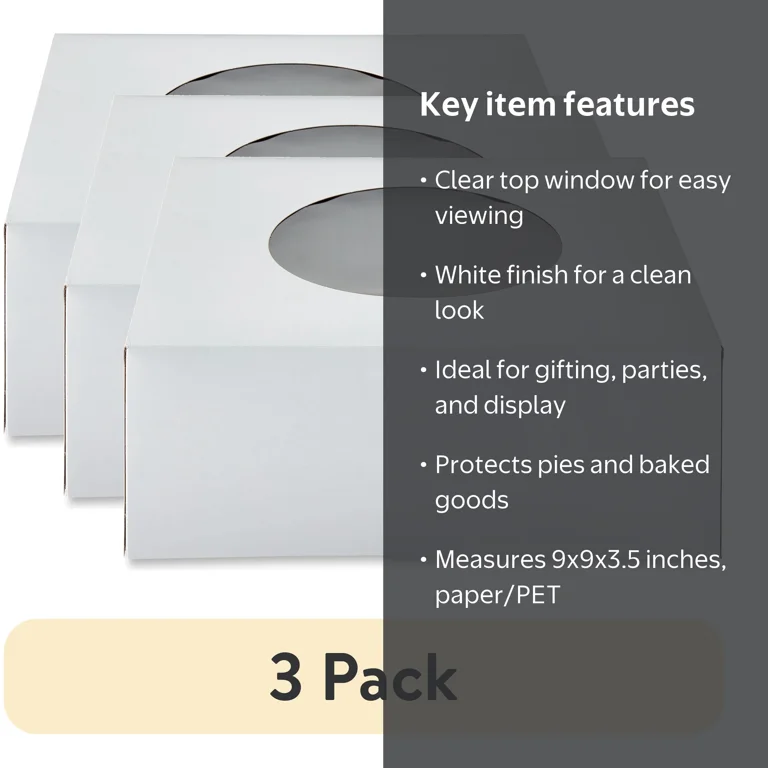 3 pack) Way To Celebrate Pie Box with Window, White, 9 in x 9 in x
