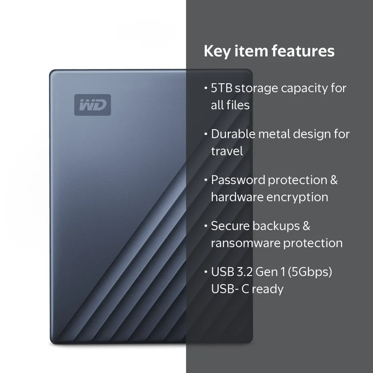 WD, My Passport Ultra, 5TB, Blue, USB 3.2 Gen 1, Portable External