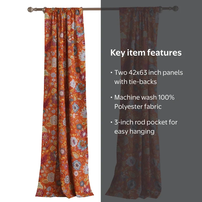 Global Trends Amanda Floral Curtain Panels, Set of 2, 63-inch L