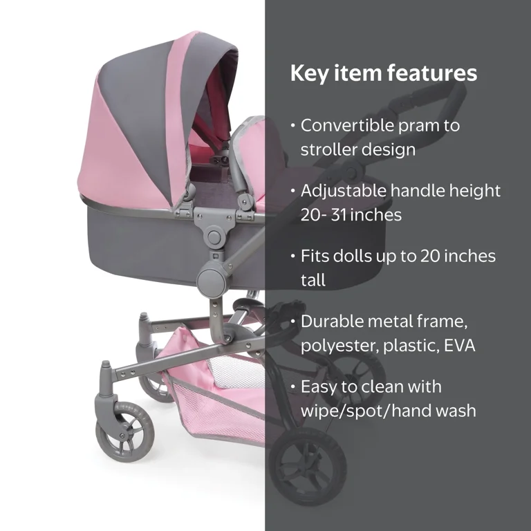Daydream Multi-Function Single Doll Pram & Stroller - Gray/Pink