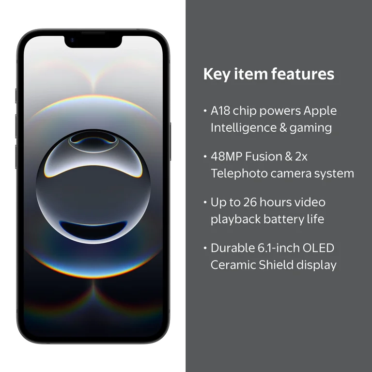 Straight Talk Apple iPhone 16e, 5G, 128GB, Black - Prepaid