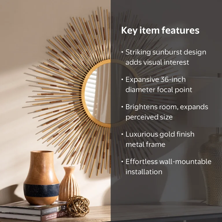 Modern Sunburst Wall Mirror - 36 Inch Gold Accent Mirror