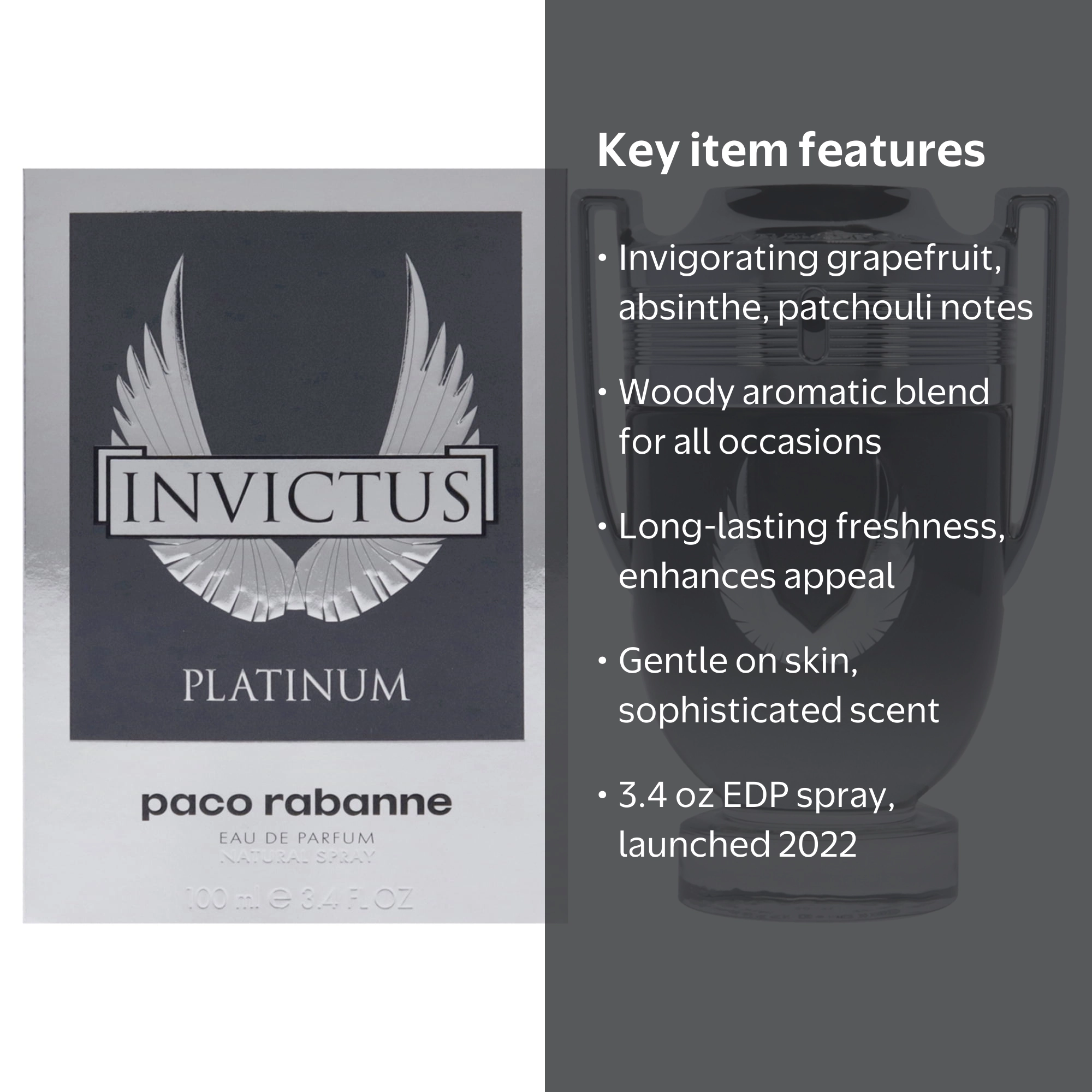 Paco Rabanne Invictus Platinum, 3.4 oz EDP Spray, Woody Fragrance 