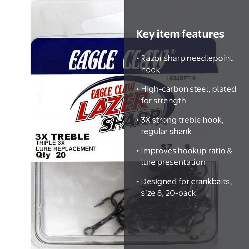 Eagle Claw Lazer Sharp 3X Treble Hook - Size 8 - 20 Pack - Walmart.com