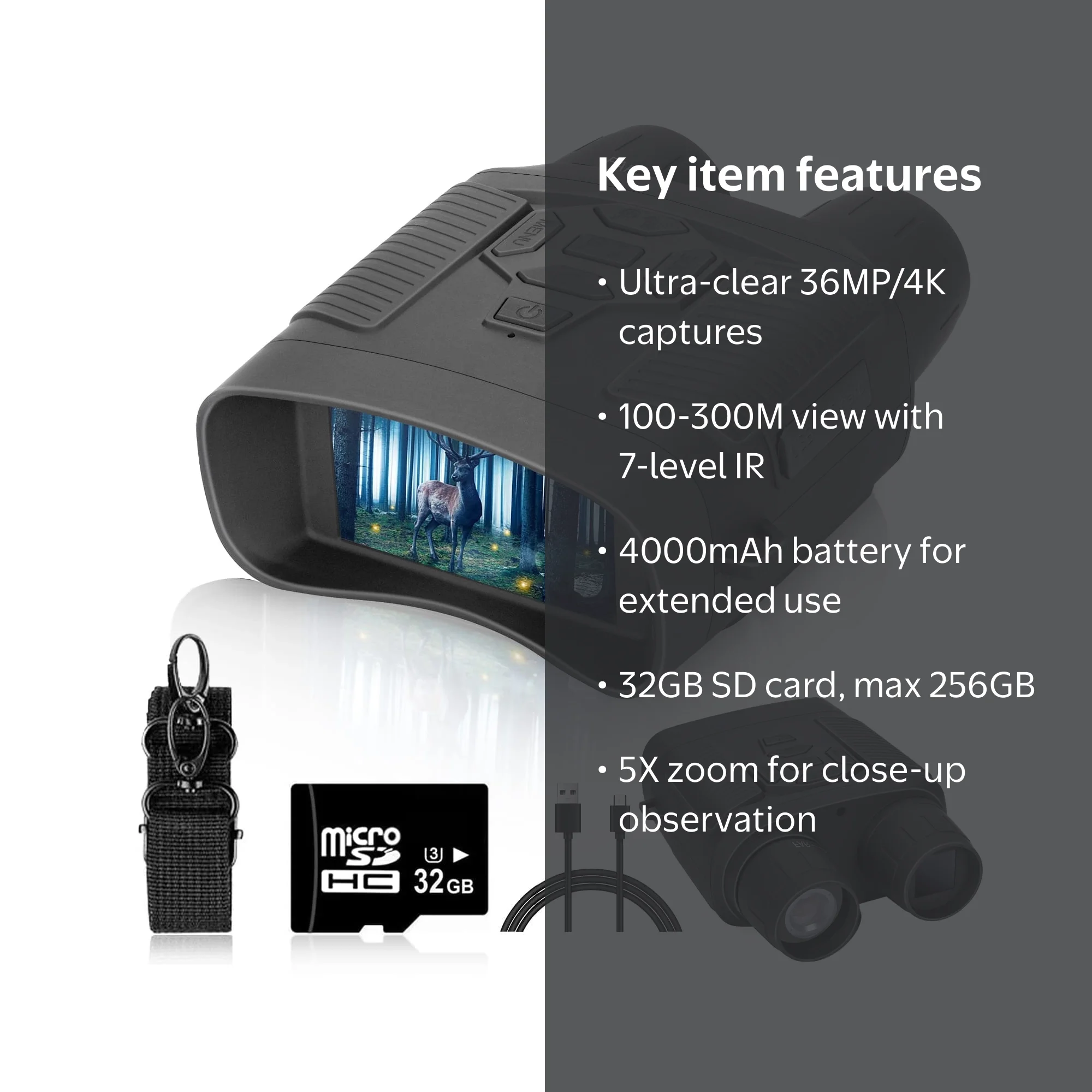 SuntekCam 36MP/4K Night Vision Goggles, 5x Zoom, 32GB SD Card for