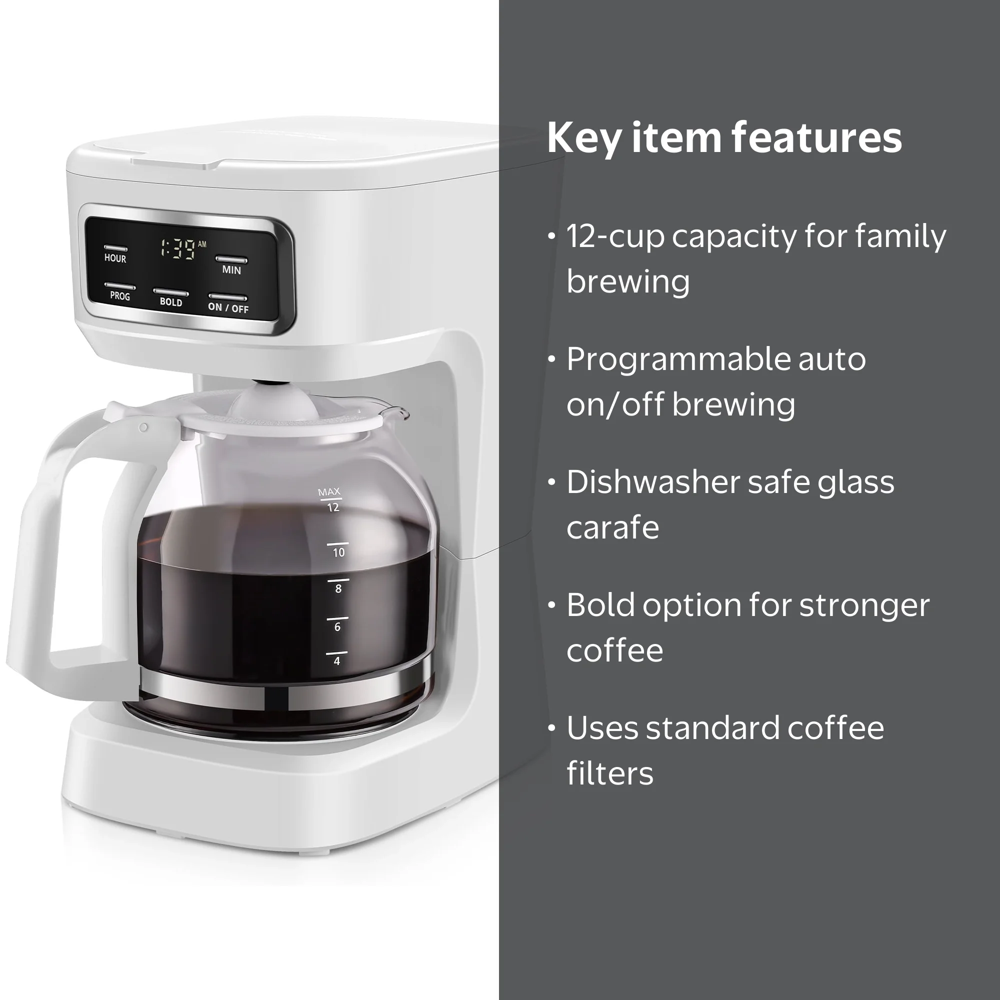 Mainstays 12-Cup Programmable Coffee Maker White, 1.8L Capacity