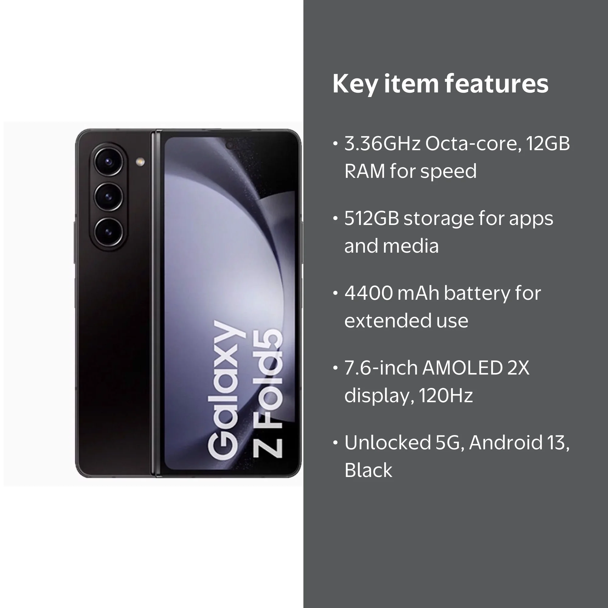 Samsung Galaxy Z Fold 5 5G 512GB Smartphone, Unlocked, Phantom