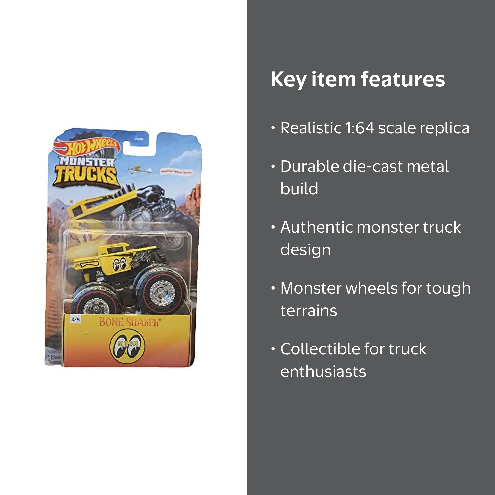 Hot Wheels, Monster Trucks Bone Shaker, Yellow Moon Eyes, 1:64