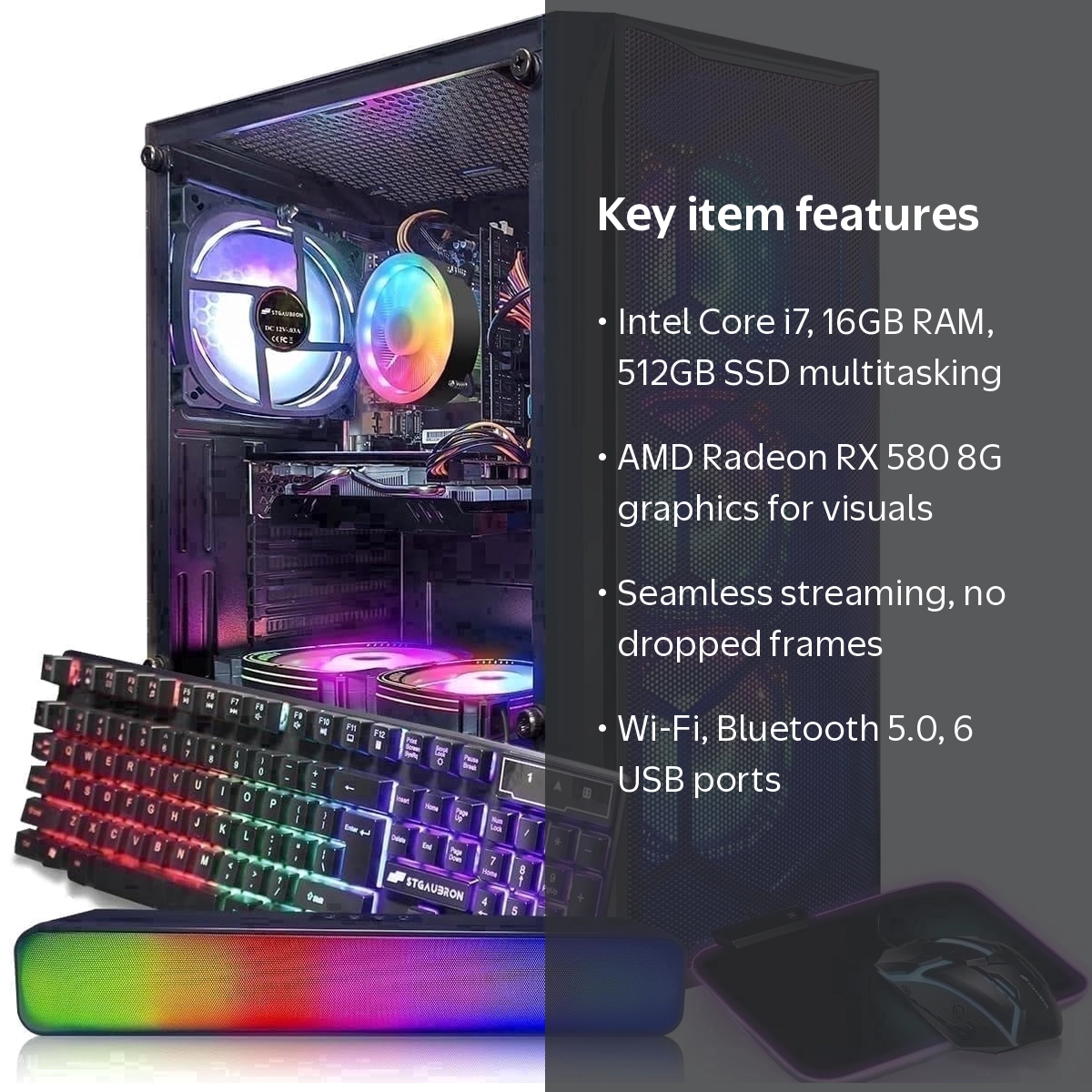 STGAubron Gaming Tower PC, Intel Core i7 3.9GHz, RX 580 8GB, 16GB