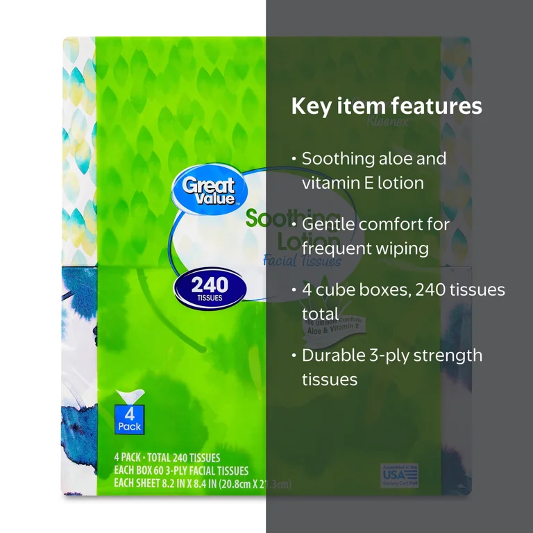 Great Value Soothing Lotion Facial Tissues, 3-Ply, 60 Tissues per