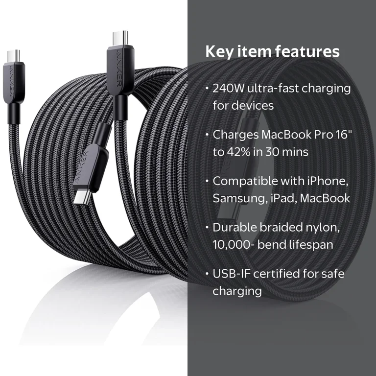 Anker, USB C to USB C Cable, 240W, Fast Charge, 10 ft, 2 Pack