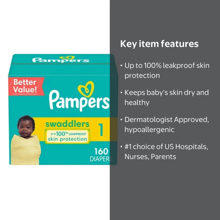 Pampers Swaddlers Diapers Size 1, 160 Count, Leakproof, Absorbent