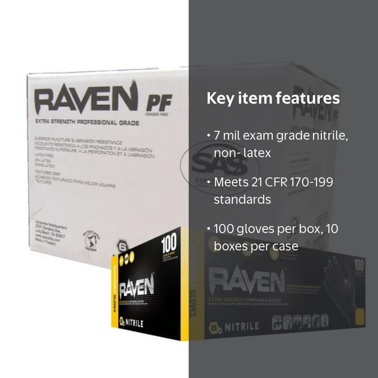 SAS Safety Raven Powder-Free Black Nitrile 6 Mil Gloves, Large, 10