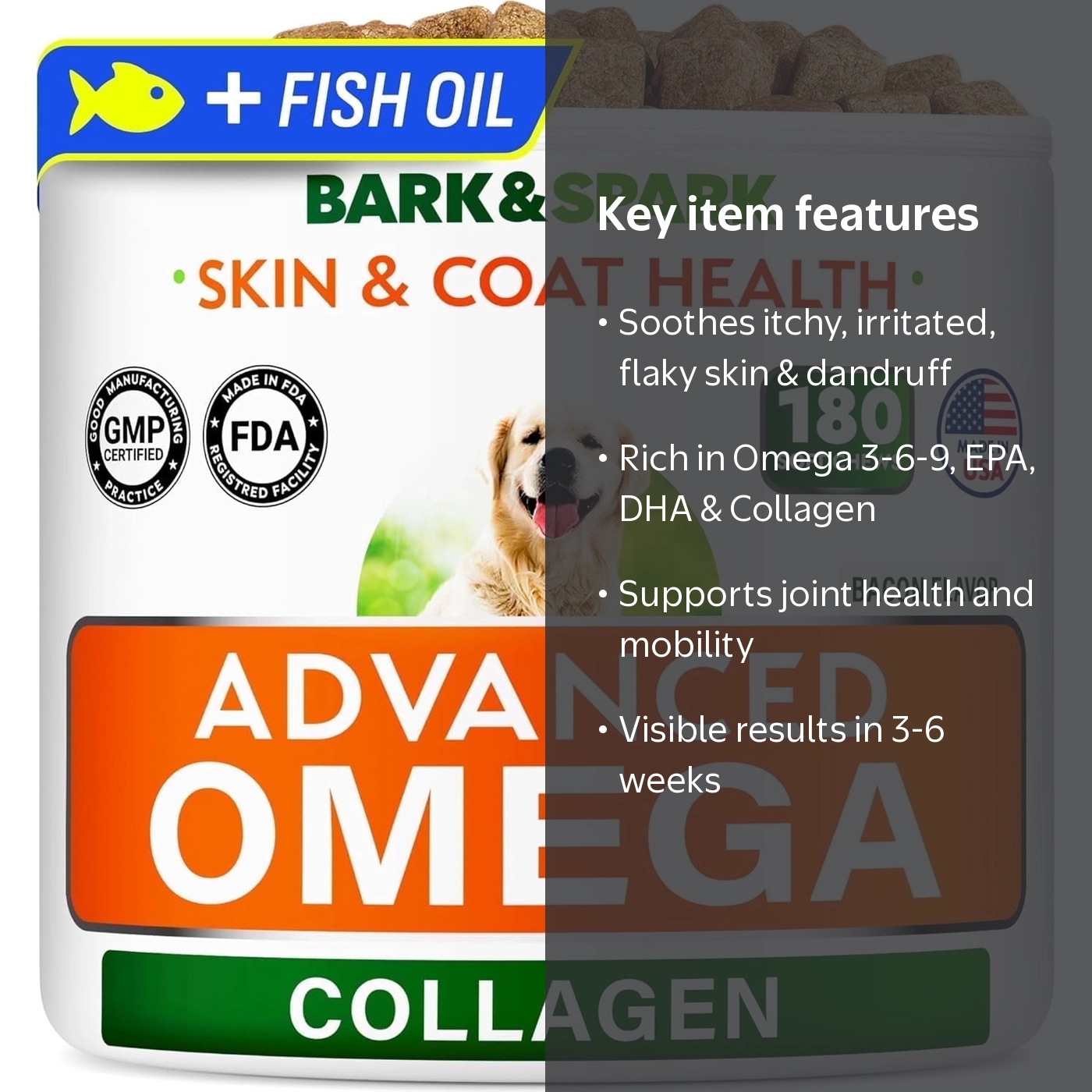 BARK&SPARK, Omega-3 Collagen Dog Treats, 180 ct Fish Salmon Oil