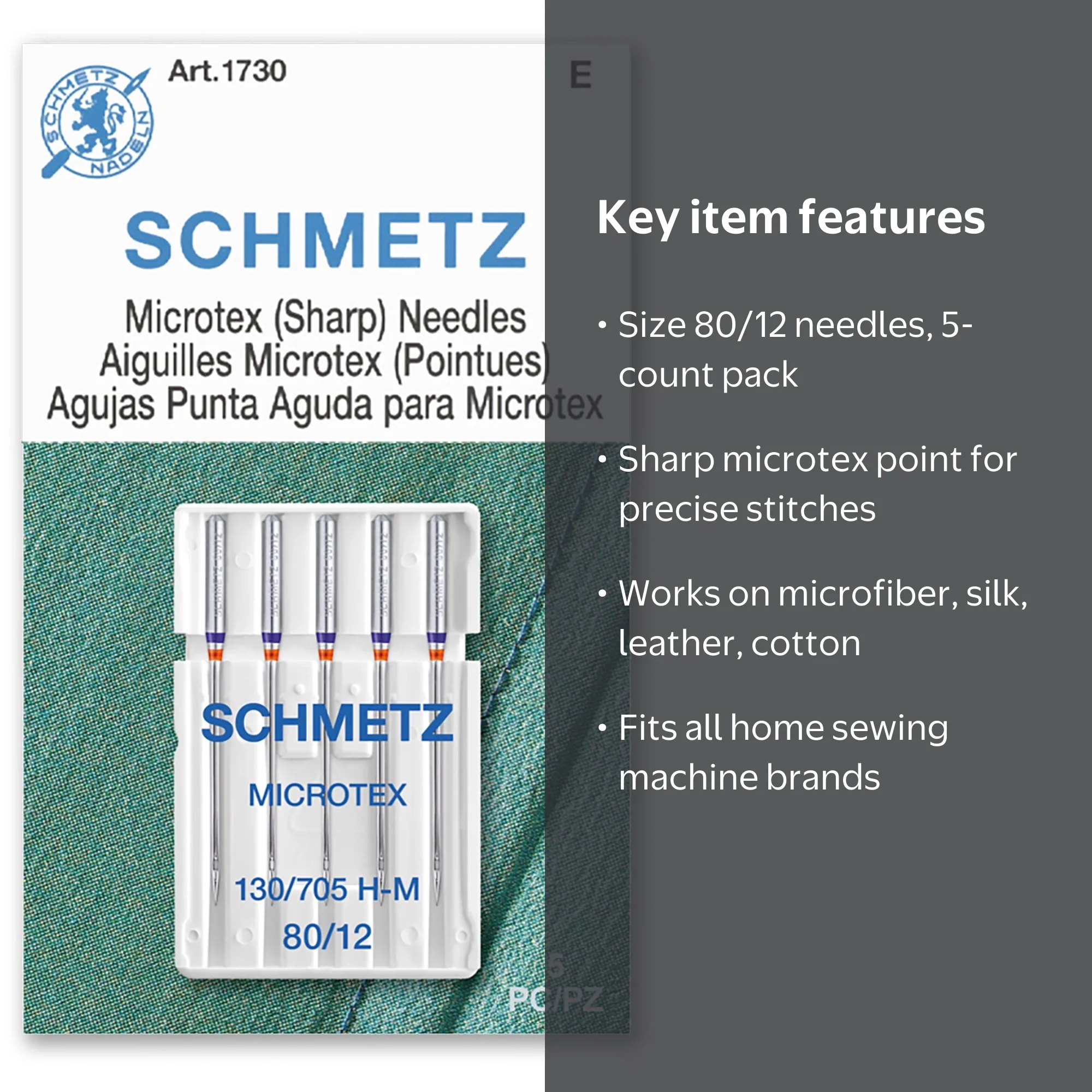 SCHMETZ, Microtex Sewing Machine Needles, Size 80/12, 5ct