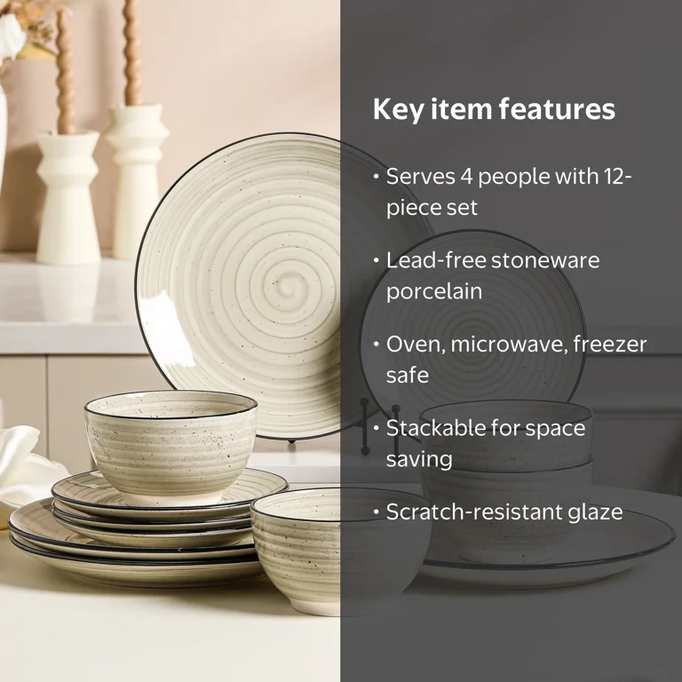 Malacasa 12 Pcs Dinnerware Sets, Stoneware Plates and Bowls Set, Tableware Dishwasher Microwave Safe, Serves for 4 People, Beige